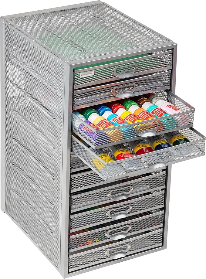 Mind Reader 10-Drawer Desk Organizer for Office Supplies, Crafts, Mail Sorting & More, Metal Mesh, 10.75"L x 14"W x 21.25"H, Silver