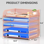 Paper Organizer Letter Tray with Handle Mesh 5 Trays Desk File Organizer Paper Sorter Desk Organizer for Office, Home or School-Rose Gold