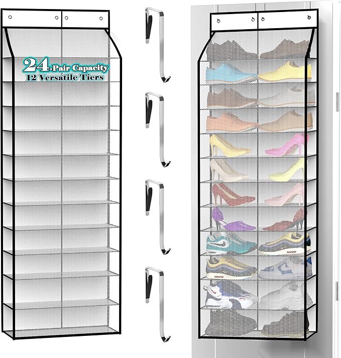 24-Pair Over Door Shoe Organizer for Family & Kids, Double Sided | Hanging Storage for Sneakers, Boots, Toys & Room Organization-Pearl White