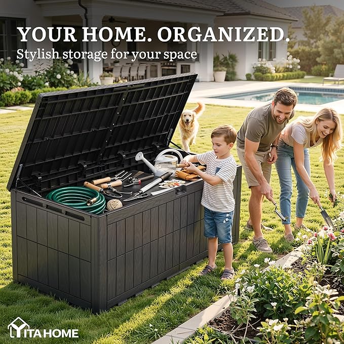 YITAHOME XXL 240 Gallon Extra Large Deck Box, Waterproof Resin Outdoor Storage Box with Lock and 3-Person Bench Seating for Patio Furniture Cushions,Garden Tools & Pool Accessories, Dark Brown