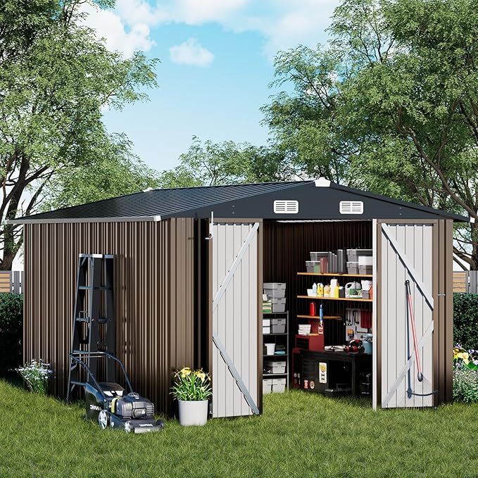COMHOMA Shed Outdoor Storage Shed Metal,Lockable Doors Tool Sheds with Sloping Roof,Steel Garden Shed with Air Vent for Backyard,Patio,Lawn,Poolside (Brown, 10'x12')