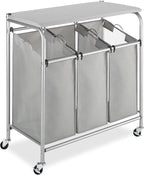Whitmor 3 Section Rolling Laundry Sorter with Folding Station - Ironing Board, Chrome / Gray