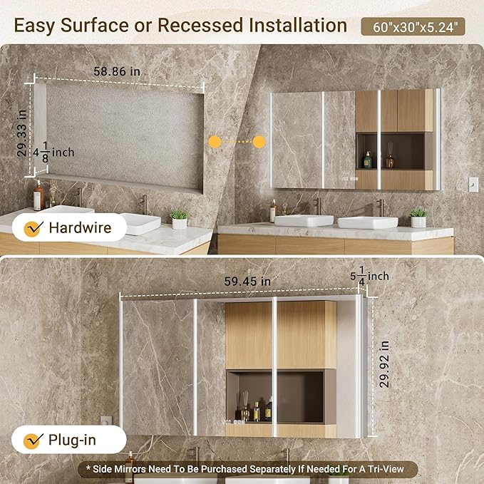 60x30 Lighted Medicine Cabinet Mirror with Lights & Smart Night Lamp -Surface or Recessed Medicine Cabinet with Outlet & Clock,Fogless Dimmable LED Storage Mirror,Built-in Sensor Light