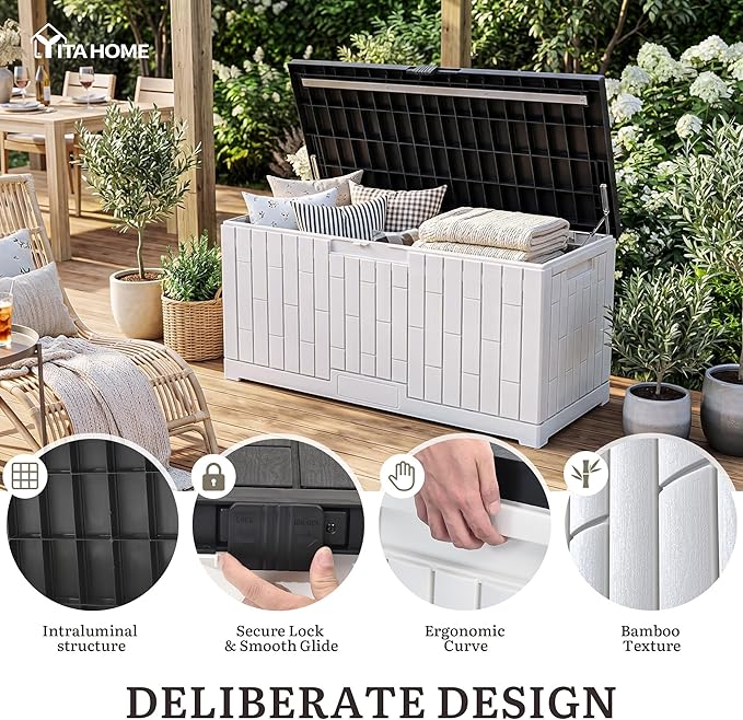 YITAHOME 120 Gallon Large Deck Box, Resin Outdoor Storage Box w/Lockable Black Lid for Outdoor Pillows, Garden Tools and Pool Supplies, Waterproof, Lockable, Grayish-White