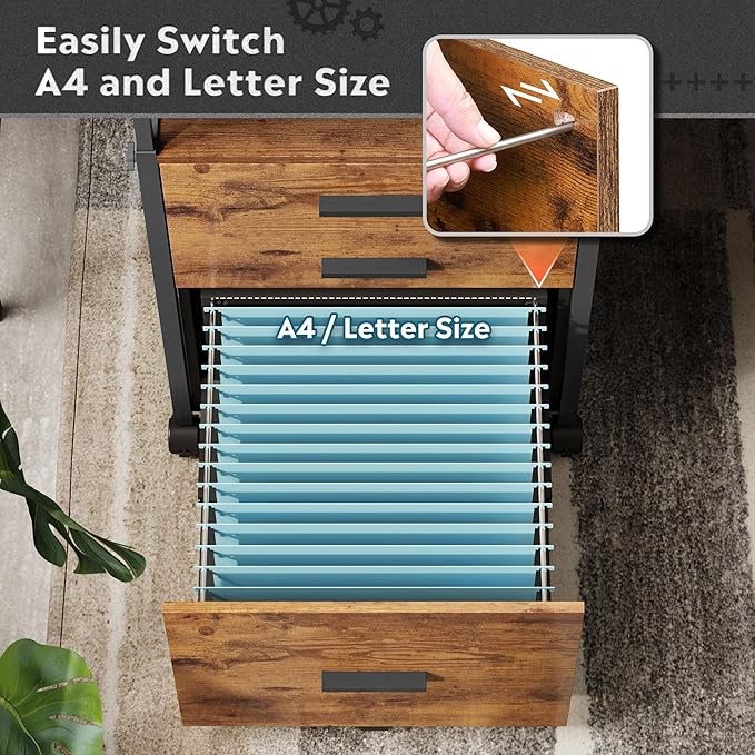 DEVAISE 3 Drawer File Cabinet with Adjustable Shelves, Rolling Wooden Filing Cabinet Mobile Printer Stand for Home Office, Rustic Brown, 15.7" D x 17.7" W x 40.3" H