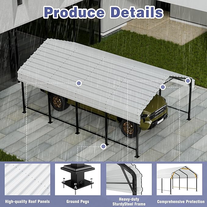 JY QAQA 12 x 20 FT Heavy Duty Metal Carport Canopy with Galvanized Steel Roof, Outdoor Car Tent Metal Garage Shelter for Car, SUV, Trucks and Boats, White