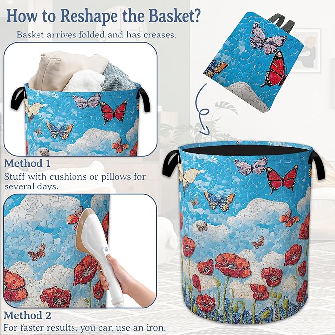 Vintage Poppy Flowers Laundry Basket,Foldable Waterproof Oxford Cloth Tote Bag Butterfly Laundry Hamper with Handles,20.8"x16" Clothes Storage Bucket Organizer for Laundry Room, Bathroom, Bedroom