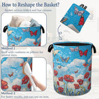 Vintage Poppy Flowers Laundry Basket,Foldable Waterproof Oxford Cloth Tote Bag Butterfly Laundry Hamper with Handles,20.8"x16" Clothes Storage Bucket Organizer for Laundry Room, Bathroom, Bedroom