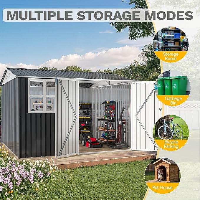 DWVO 10x10ft Large Tool Storage Shed with Window, Lockable Doors, and Sloped Roof, Oversized Steel Outdoor Storage Shed for Garden, Patio, Garage, Backyard, Lawn(Gray + White)
