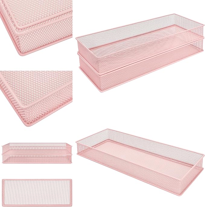 Annova Mesh Stackable Drawer Cabinet and Shelf Organizer Bins Storage Basket School Office Supply Holder Tray- Set of 2 (Light Pink, 6x15x2 Inch)
