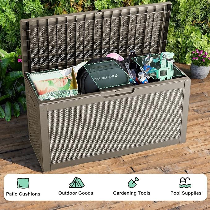 60 Gallon Deck Box,Resin Outdoor Storage Box with Lockable for Patio Furniture, Pool Accessories, Garden Tools, Waterproof Outside Storage Box, Grey