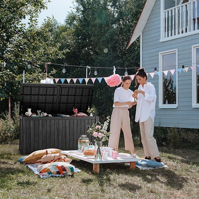 190 Gallon Deck Box Large Outdoor Storage Box Waterproof for Patio Furniture,Outdoor Cushions,Garden Tools and Pool Supplies,Weatherproof(Black,190Gallon)