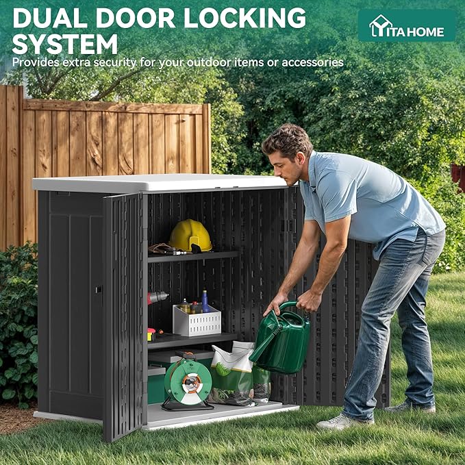 YITAHOME Outdoor Storage Cabinet with 2 Shelves, Waterproof Resin Horizontal Tool Shed, Lockable 15 cu. ft. Storage Shed for Patio, Garden, Yard, Dark Gray