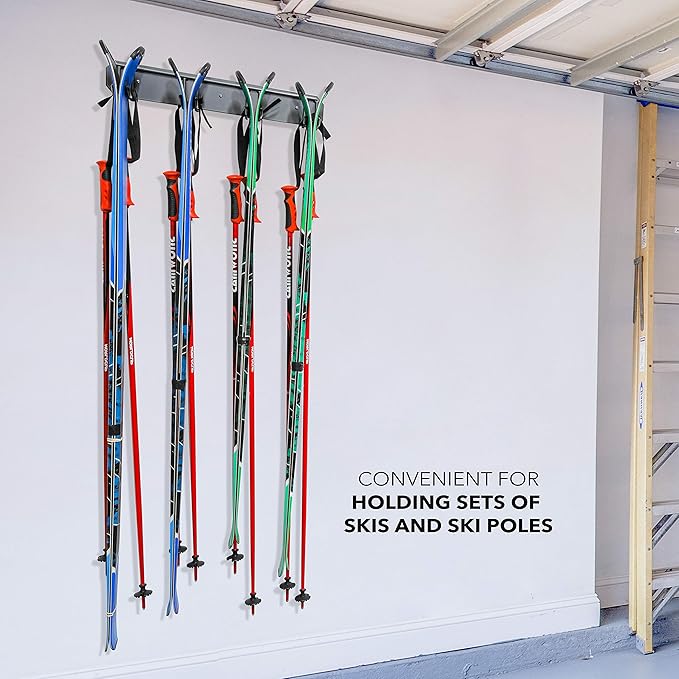 RaxGo Ski Storage Rack, Wall Mounted, Holds 4 Pairs of Skis & Skiing Poles or Snowboard for Home and Garage Storage, Heavy Duty and Rubber-Coated Hooks