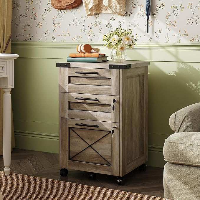DEVAISE 3-Drawer File Cabinet with Hanging Files, Mobile Rolling Storage Cabinet for Home Office, Printer Stand, Farmhouse Style, Gray Oak