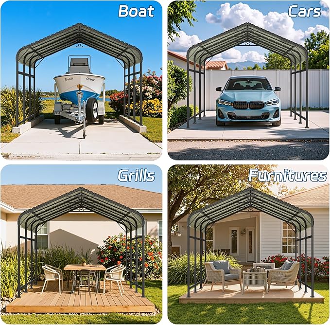 Patiowell 10x15 FT Metal Carport, Heavy Duty Outdoor Carport with Reinforced Frame and Galvanized Steel Roof, All-Weather Car Port Shelter for Car, Truck, Boat and Tractor, Black