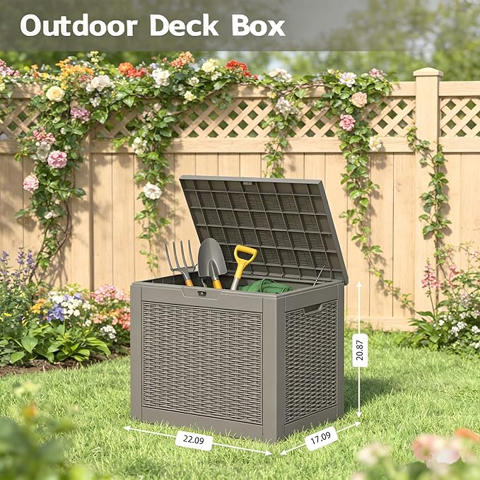 35 Gallon Outdoor Storage Box, Resin Deck Boxes Outdoor Waterproof For Patio Furniture, Garden Tools, Pool Supplies, Lockable And UV Resistant (Rattan Gray)