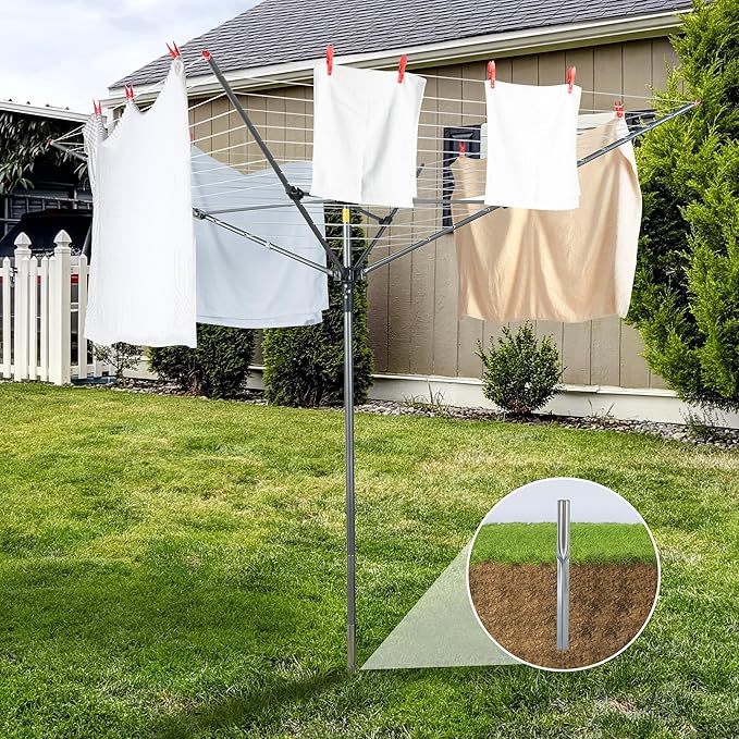 STO STO Umbrella Clothesline Outdoor Drying Rack, 164 Feet Rotary Clothes Drying Rack with Adjustable Height, Folding Laundry Line with Metal Ground Spike for Backyard, Patio, Garden, Heavy Duty