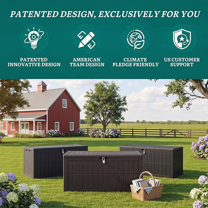 YITAHOME 110 Gallon Outdoor Deck Box, Waterproof Resin Storage Box with Lock, Lockable Patio Furniture Bin, 2-Person Bench Seating for Outdoor Cushions, Garden Tools & Sports/Pool Supplies, Dark Brown