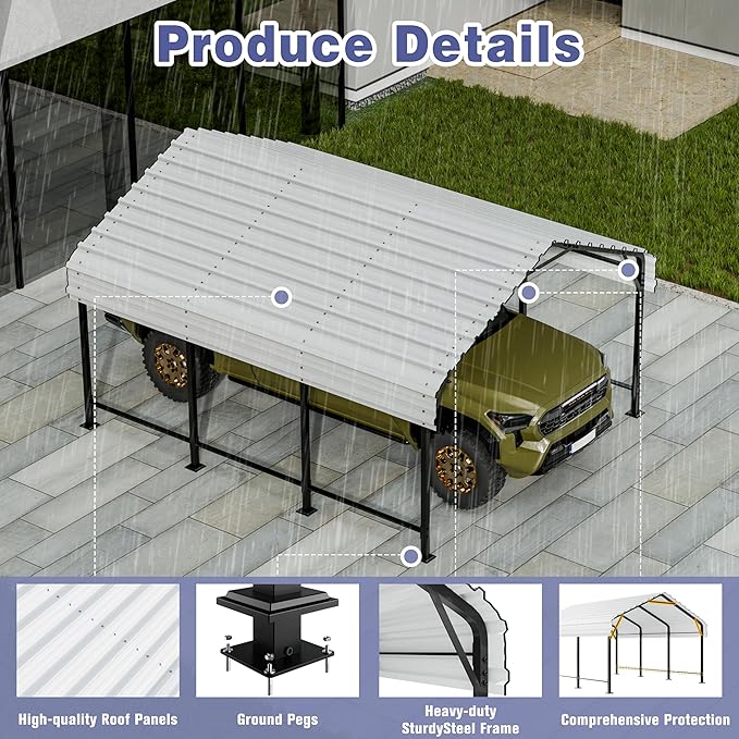 JY QAQA 12 x 15 FT Metal Carport Kits with Galvanized Steel Roof, Heavy Duty Metal Carport Canopy, Outdoor Car Tent Garage Shelter for Car, SUV, Truck and Boats, White
