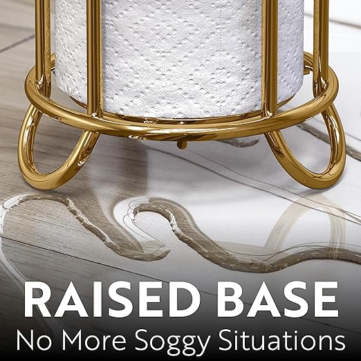 BROOKSTONE Toilet Paper Holder Stand, Modern and Minimal Free Standing Toilet Paper Stand with Storage, Bathroom Tissue Organizer that Holds Mega Rolls - Gold