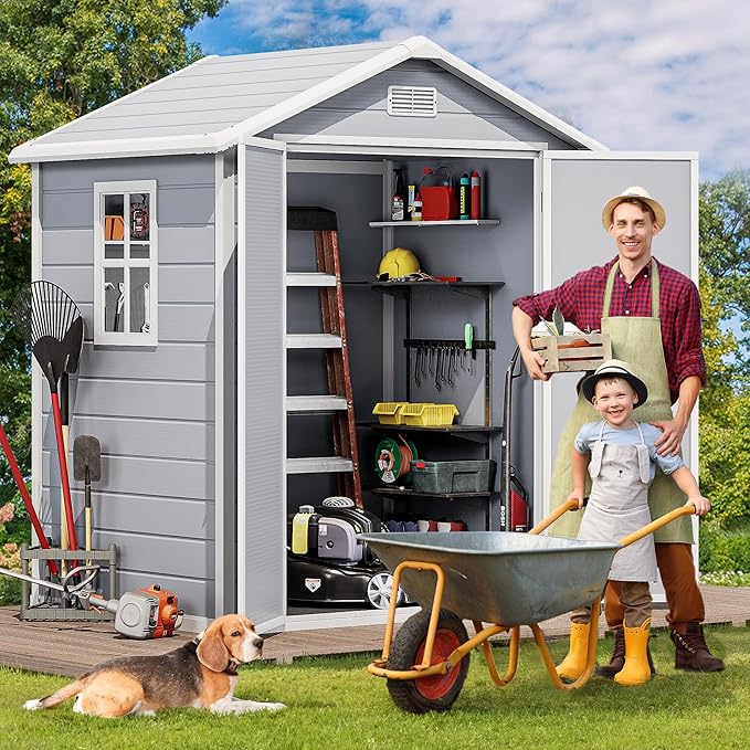DWVO 6x4.4 FT Resin Storage Shed with Reinforced Floor, Outdoor Storage Shed with Lockable Door, Window and Vents, Waterproof Plastic Tool Storage for Garden, Backyard, Patio, Lawn