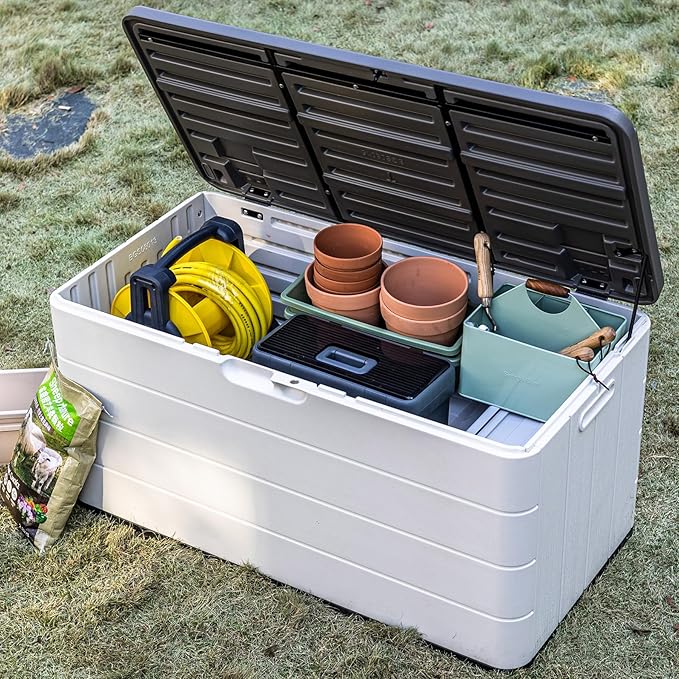 110 Gallon Deck Box Waterproof,Double-Wall Resin Outdoor Storage Boxes, Deck Storage for boat slip storage,Cushions, Pool Float, Garden Tools,Patio Furniture, Lockable (OFF-WHITE)