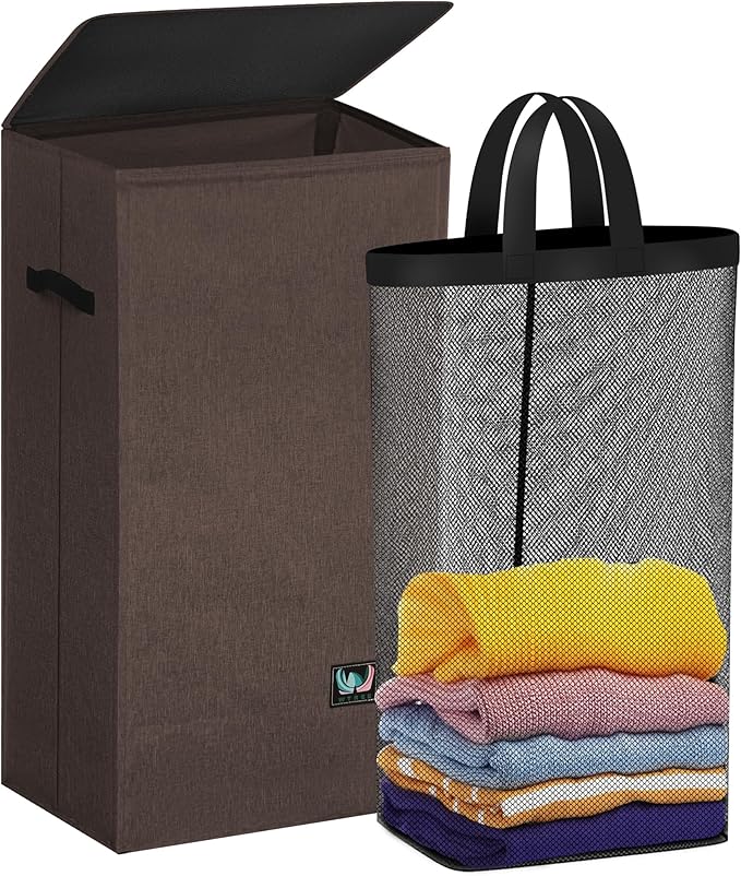 Laundry Hamper with Lid, Reinforced Sturdy Clothes Hamper with Anti-Puncture Base, Large Collapsible Laundry Basket with Removable Liner Bag, Tall Dirty Clothes Bin for Family, 100L Chocolate