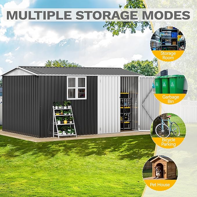 DWVO 12x8ft Metal Outdoor Storage Shed with Window, Lockable Tool Storage Sheds, Oversized Steel Garden Sheds with Sloped Roof for Backyard, Patio, Garage, Lawn, Gray & White