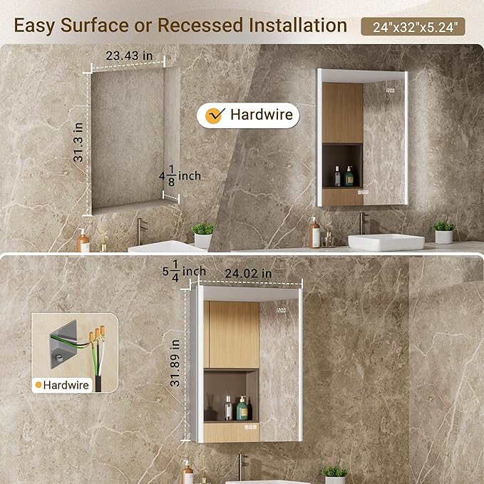 Lighted Medicine Cabinet Mirror with Magnifying & Night Lamp-24x32 Surface or Recessed Medicine Cabinet with Lights & Outlet, GFCI,Clock &Inner Light,Hardwired, 155° Soft-Close Right Hinge
