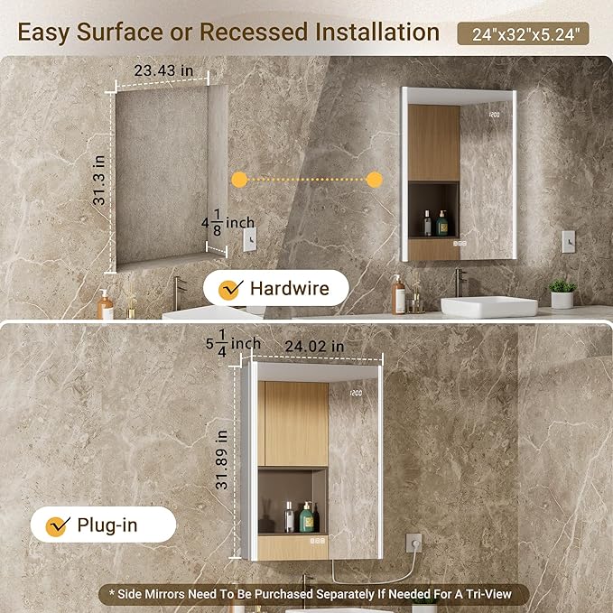 24x32 LED Bathroom Medicine Cabinet Mirror with Smart Night Lamp, Surface or Recessed Fogless Lighted Medicine Cabinet Mirror with Outlet &Clock,Built-in Sensor Light& Soft-Close Right-Hinge