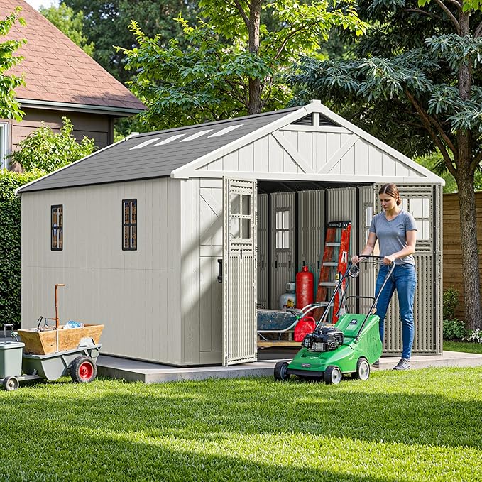 Patiowell 10 x 14 FT Outdoor Storage Shed, Plastic Shed with Floor and Skylight, Resin Storage Shed with Four-Window and Lockable Door for Garden, Patio, Backyard, Beige