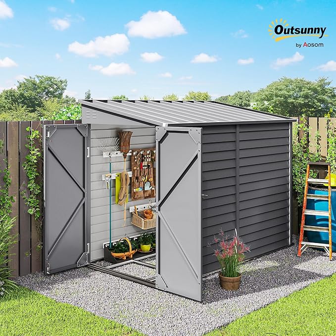 Outsunny 4.6' x 9' Steel Outdoor Storage Shed, Waterproof Lean to Shed, Metal Garden Tool House with Foundation Kit, Lockable Doors, Gloves and 2 Air Vents for Backyard, Patio, Lawn, Gray