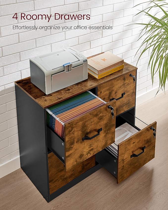 VASAGLE 4 Drawer File Cabinet with Lock, Printer Stand, Office Filing Cabinet Organizer, for A4 and Letter Size Documents, Rustic Brown and Black UOFC062B01