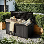 Devoko 97 Gallon Deck Box, Waterproof Resin Outdoor Storage Box for Outside and Patio, Large Outdoor Storage Bench Cabinet Lockable for Patio Furniture, Garden Tools and Pool Supplies (Black)
