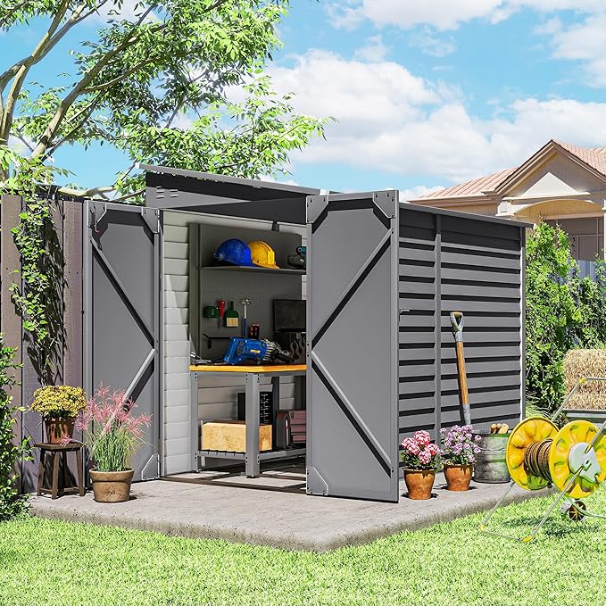 Outsunny 4.6' x 9' Steel Outdoor Storage Shed, Waterproof Lean to Shed, Metal Garden Tool House with Foundation Kit, Lockable Doors, Gloves and 2 Air Vents for Backyard, Patio, Lawn, Gray
