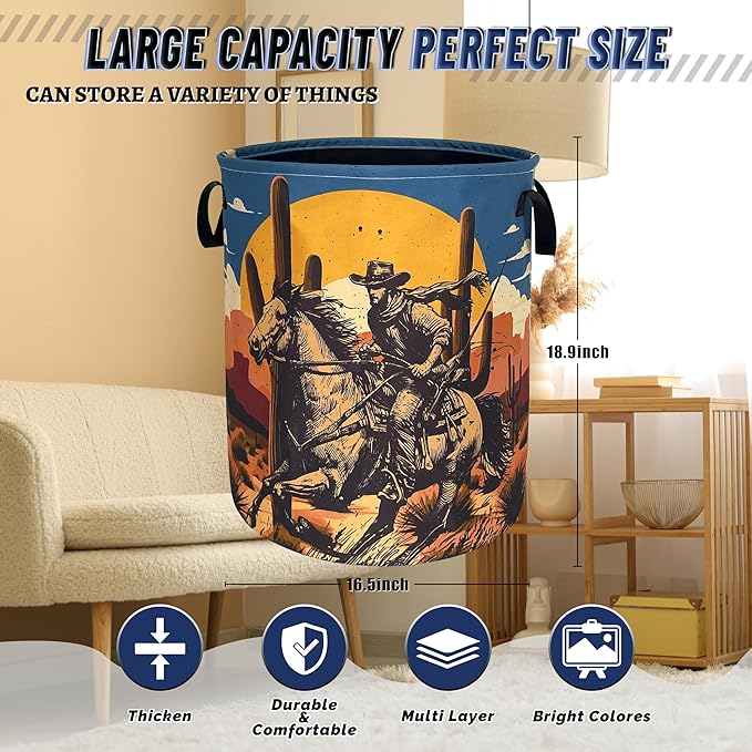 Western Cowboy Laundry Basket Oxford Cloth Desert Riding Laundry Hamper With Handle Foldable Portable Clothes Storage Basket Western Funny Laundry Bag 18.9"x16.5" For Laundry Room/Bedroom/Bathrooms