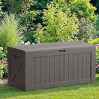 JUMMICO 120 Gallon Resin Deck Box, Large Outdoor Storage Box Waterproof & Lockable for Garden, Patio, Pools (Light Brown)