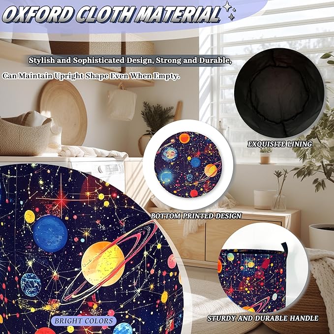 Colorful Planets Laundry Basket Oxford Cloth Starry Sky Galaxy Laundry Hamper With Handle Foldable Portable Clothes Storage Basket Funny Laundry Bag 18.9"x16.5" For Laundry Room/Bedroom/Bathrooms