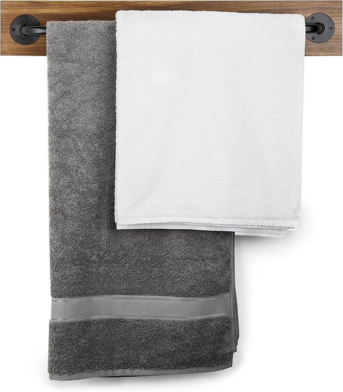 MyGift Industrial Pipe Towel Bar, 28 Inch Bathroom Wall Mounted Towel Holder with Metal Rod Rustic Burnt Wood Bathroom Sets, Farmhouse Towel Holder