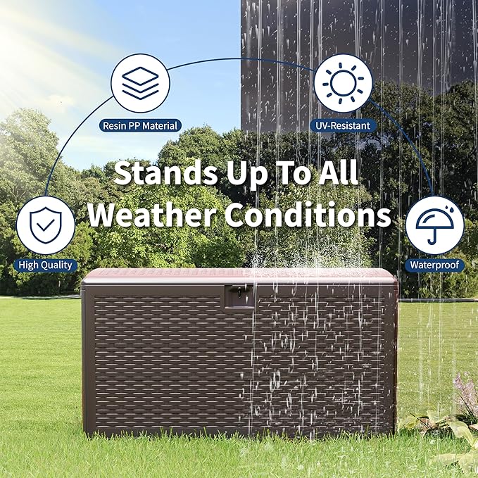 Garvee 73 Gallon Waterproof Large Resin Deck Box Indoor Outdoor, Lockable Storage Container for Patio Furniture Tools, Waterproof Deck Box Patio Storage Bin for Pool Garden, Brown