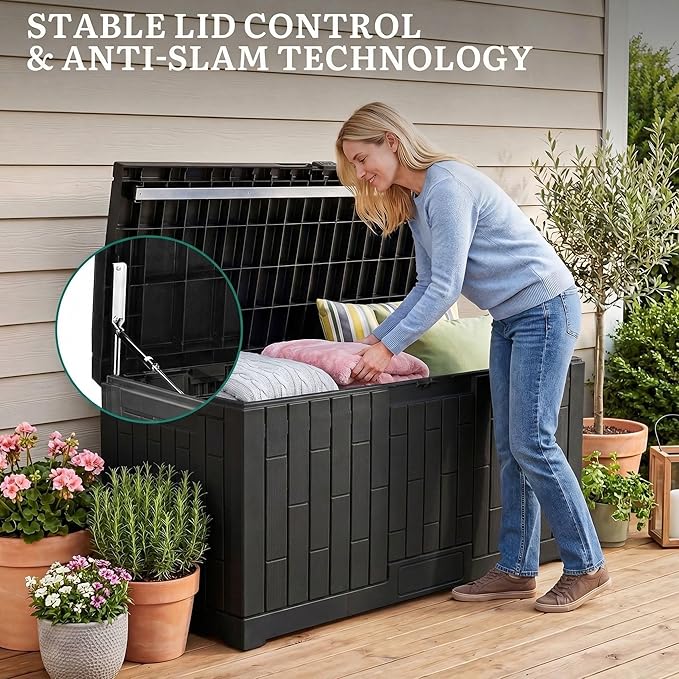 YITAHOME 120 Gallon Large Deck Box, Resin Outdoor Storage Box for Outdoor Pillows, Garden Tools and Pool Supplies, Waterproof, Lockable, Black