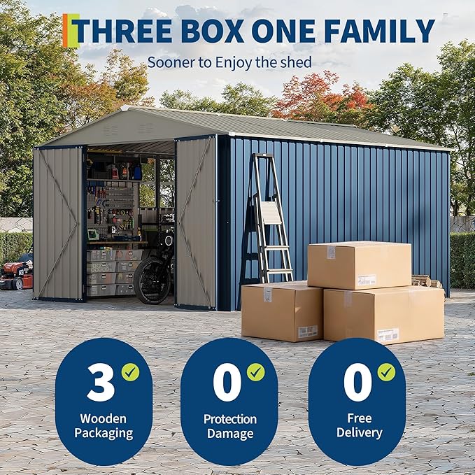 10X12 FT Storage Shed，Lockable Gable Roof Garden Shed with Grid Window, All-Weather Resistant Storage Unit for Bikes, Ladders, Patio Supplies & Garden Essentials