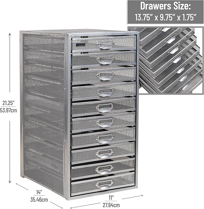 Mind Reader 10-Drawer Desk Organizer for Office Supplies, Crafts, Mail Sorting & More, Metal Mesh, 10.75"L x 14"W x 21.25"H, Silver