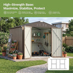 Devoko 8 x 6 FT Metal Storage Shed with Floor Frame Waterproof Garden Tool Shed with Lockable Door, Outdoor Shed Storage House for Backyard Patio Lawn, Brown