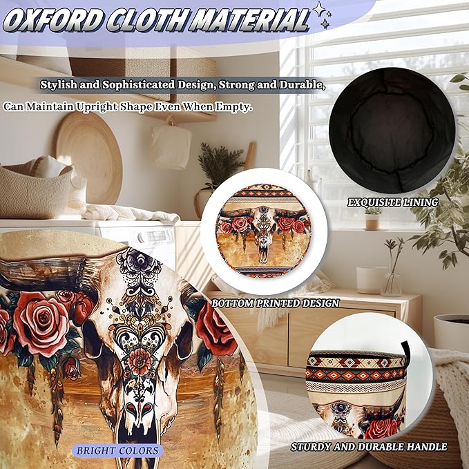 Boho Longhorn Cattle Skull Laundry Basket Oxford Cloth Tribal Laundry Hamper With Handle Foldable Portable Clothes Storage Basket Funny Laundry Bag 18.9"x16.5" For Laundry Room/Bedroom/Bathrooms
