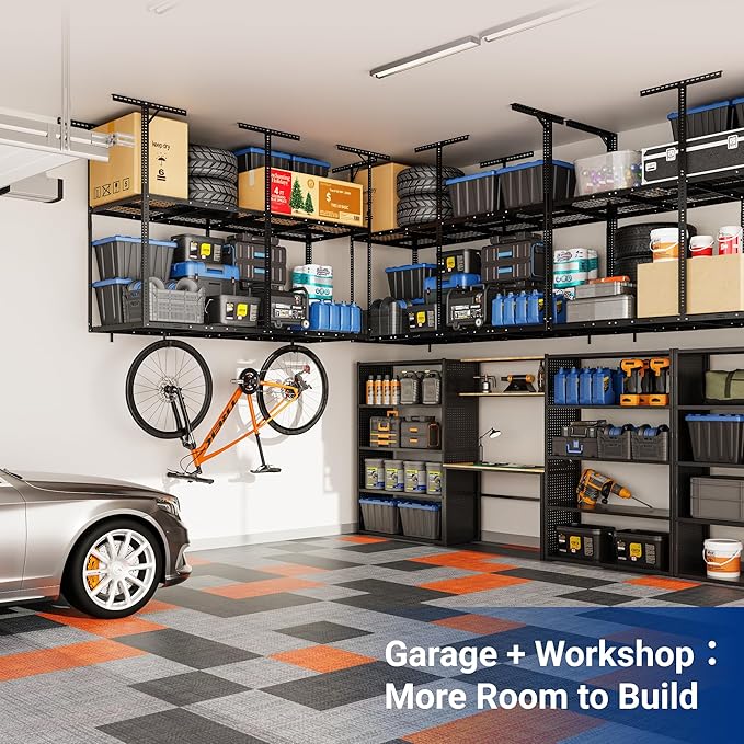 FLEXIMOUNTS 3x8 2-Tier Overhead Garage Storage Rack – Adjustable Heavy Duty Metal Garage Ceiling Storage Racks, 1000 lbs Capacity – Garages Organization System for 9–15 ft Tall Garages, Black