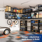 FLEXIMOUNTS 3x8 2-Tier Overhead Garage Storage Rack – Adjustable Heavy Duty Metal Garage Ceiling Storage Racks, 1000 lbs Capacity – Garages Organization System for 9–15 ft Tall Garages, Black