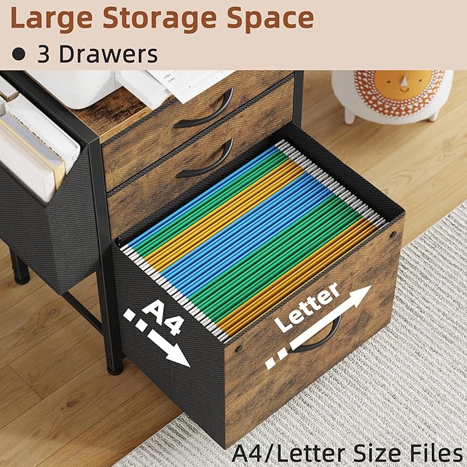 3 Drawer File Cabinet with Charging Station, 45''H, 3-Tier Filing Cabinet for Home Office, 11''*16'' for Small Printer, Fabric Drawer Fits Letter/A4, Tall Printer Stand, Rustic Brown