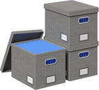 File Organizer Box - File Boxes for Hanging Files with Lid Set of 3 Decorative Hanging Folders Organizer with One-Piece Plastic Frame Slides (Grey, 13.2 * 10.1 * 10.1in(3Pack))